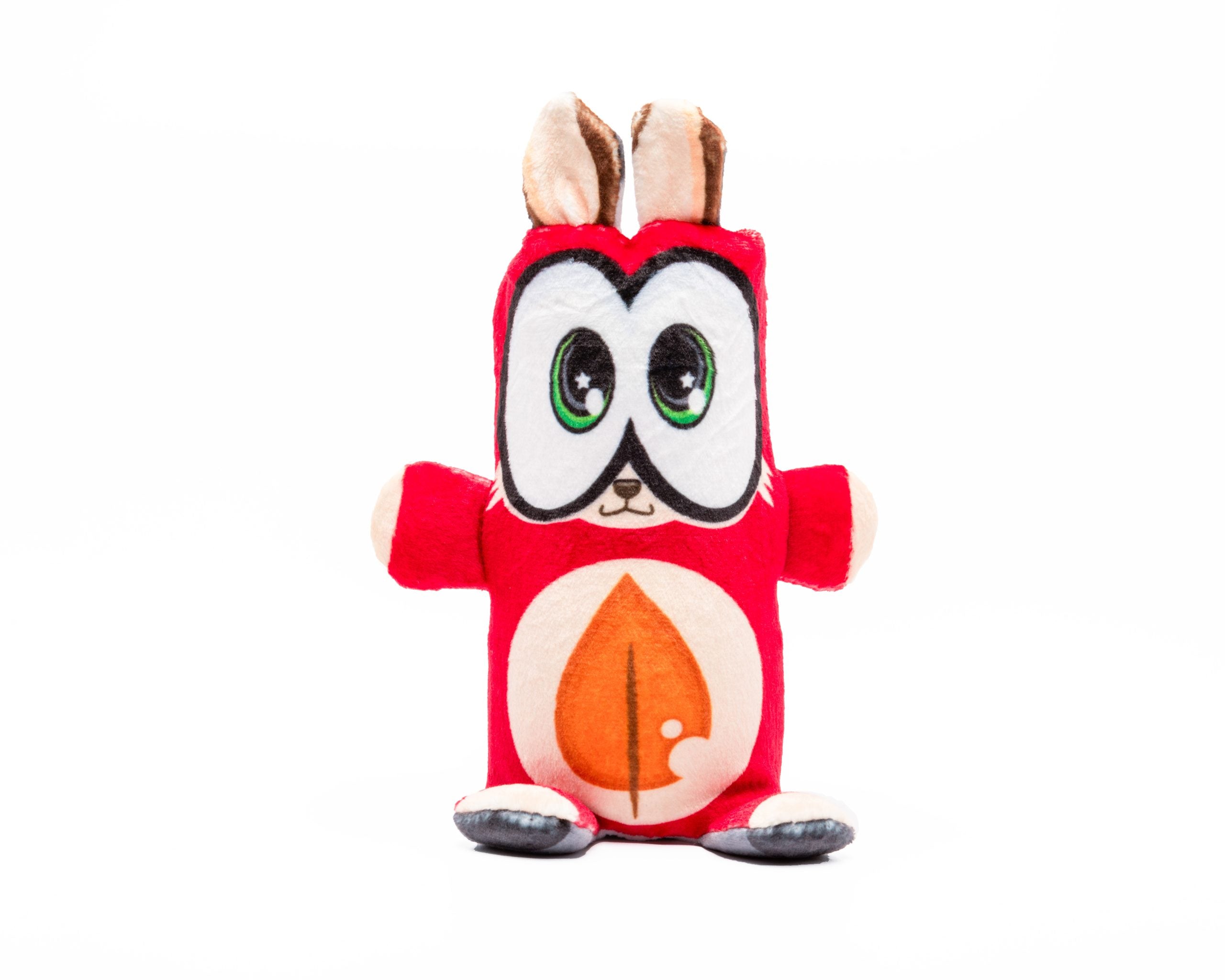 Pluszaki Flipzers seria 2 czerwony pluszak z dużymi oczami i pomarańczowym liściem na brzuchu
