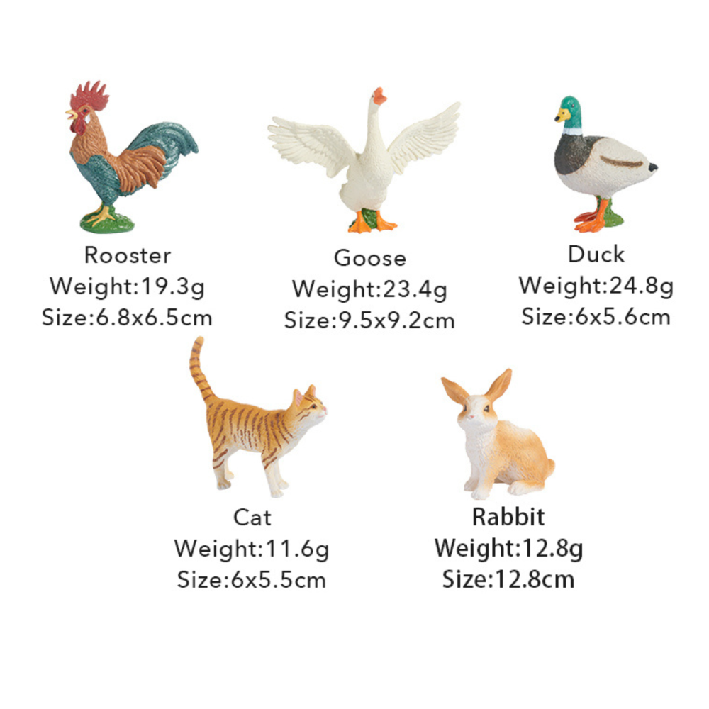 Zestaw figurek zwierząt na farmie marki Yamann z kogutem, gęsią, kaczką, kotem i królikiem