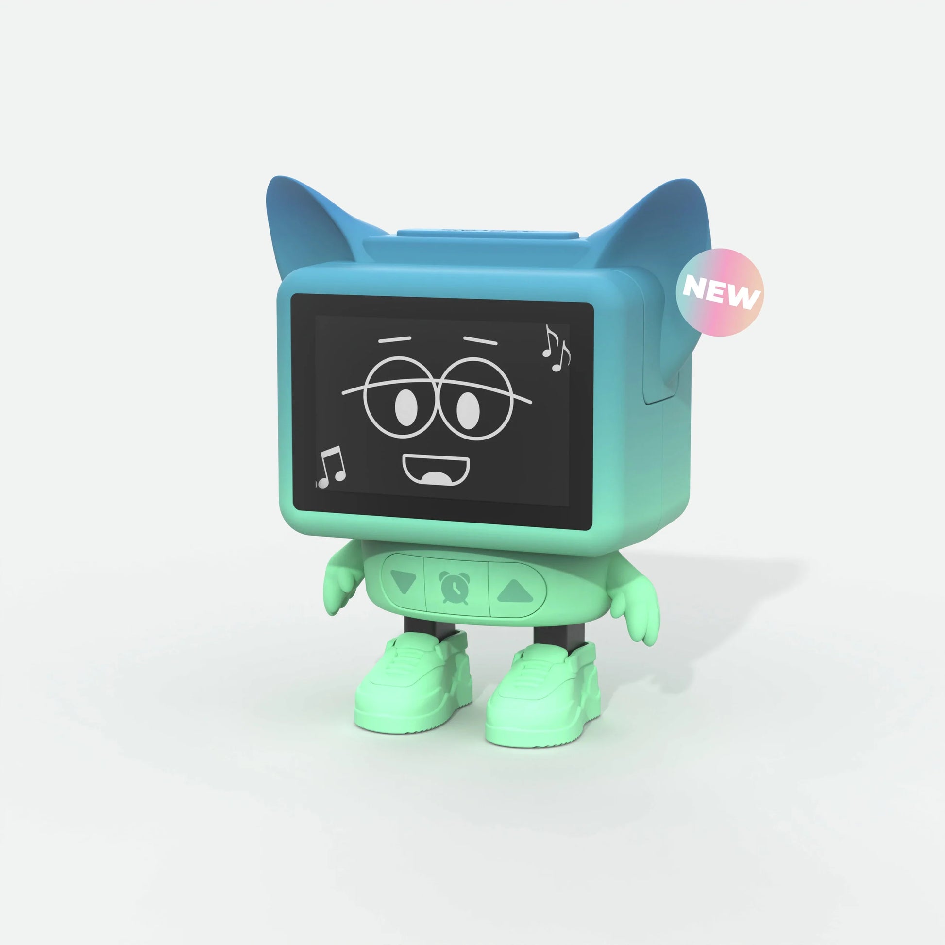 Tańczący budzik dla dzieci w kształcie niebiesko-zielonej postaci z ekranem i muzycznymi nutami