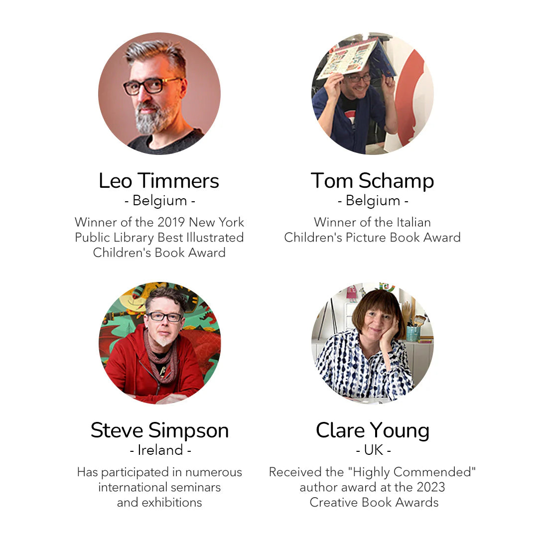 Zdjęcia czterech autorów książek dla dzieci promujących puzzle dla dzieci transport