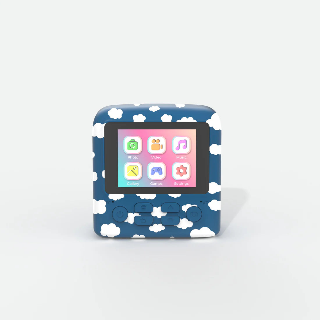 Aparat cyfrowy z drukarką Yamann w granatowej obudowie w białe chmurki z kolorowym ekranem