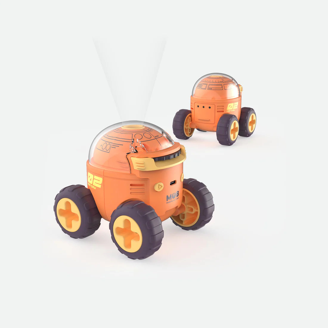 Projektor kosmiczny dla dzieci MOB w kształcie robota z dużymi kółkami i pomarańczowym korpusem
