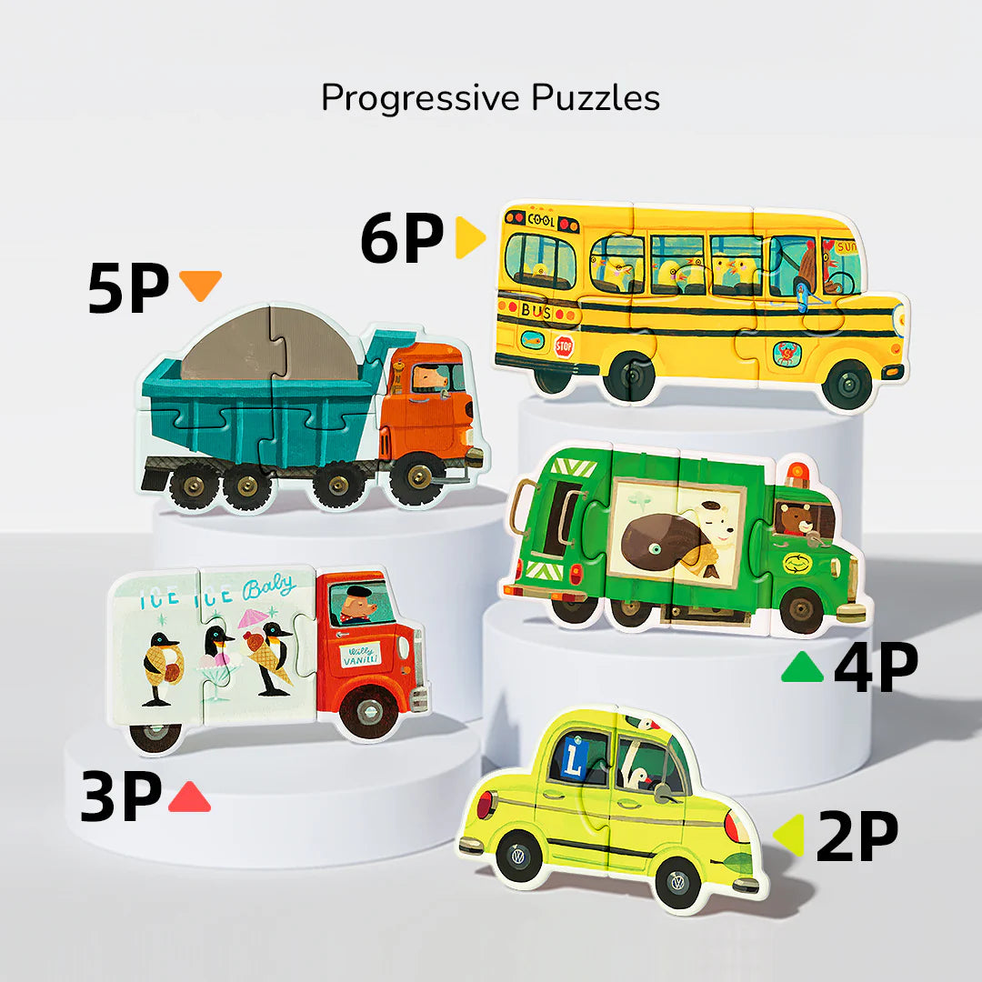 Kolorowe puzzle dla dzieci transport z ilustracjami różnych pojazdów jak autobus, ciężarówka i samochód