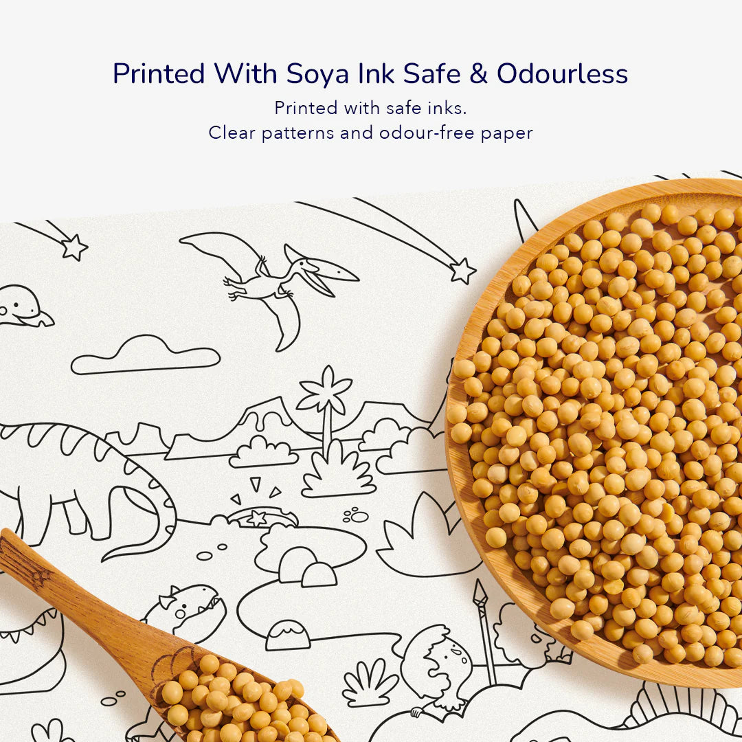Kolorowanka w rolce samoprzylepna z motywem dinozaurów i roślin, nadrukowana bezpiecznym tuszem sojowym