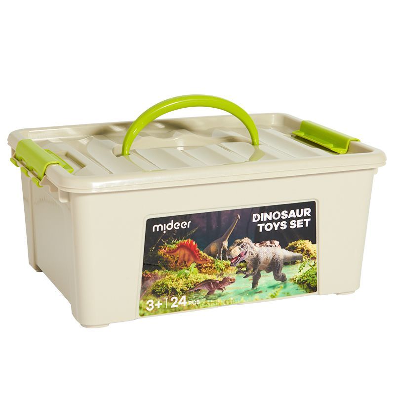 Zestaw figurek dinozaurów dla dzieci w plastikowym pojemniku z zielonym uchwytem