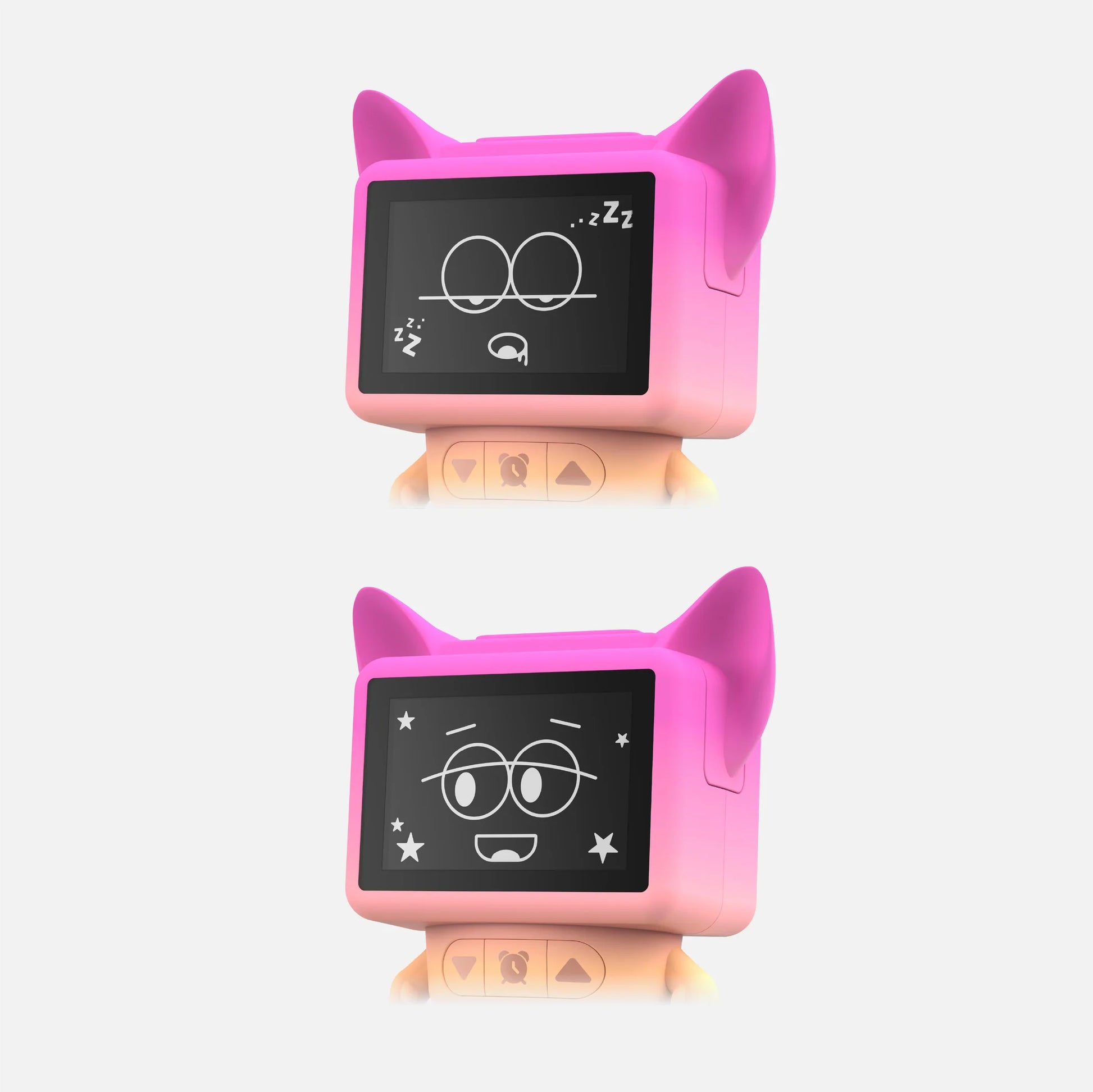 Tańczący budzik dla dzieci MOB z różowymi uszami i wyświetlaczem cyfrowym pokazującym różne emotikony