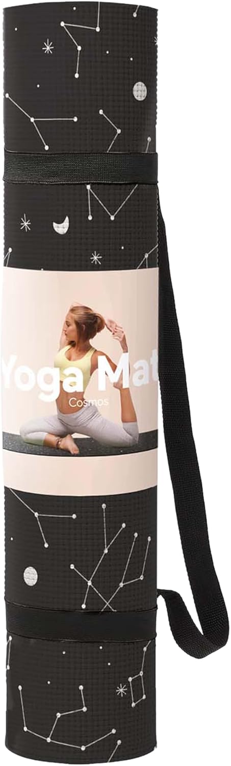 Czarna mata do jogi cosmos z wzorem gwiazdozbiorów i paskiem na ramię od WABOBA AB