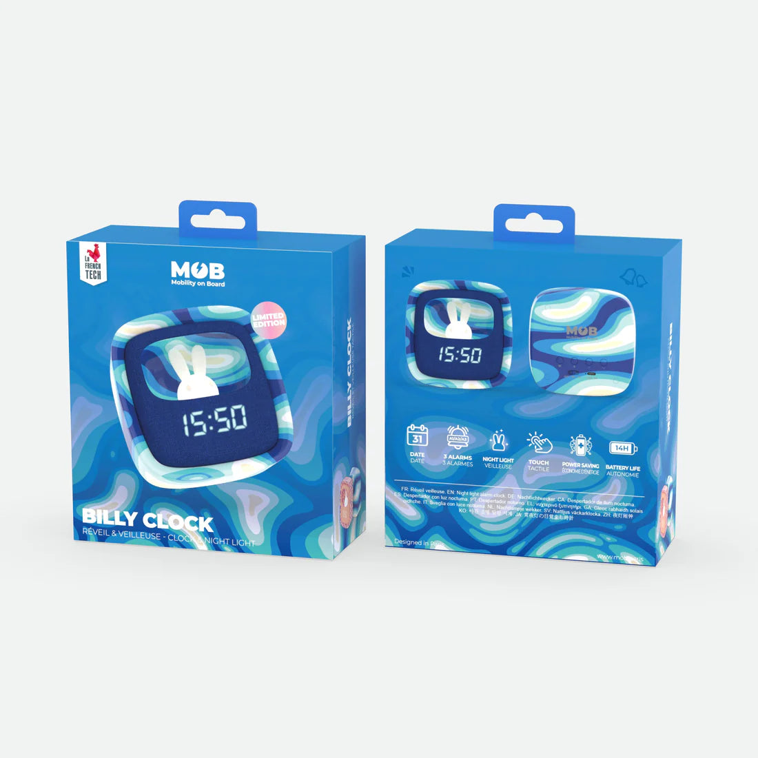 Budzik dla dzieci z lampką BV JACOB COMPANY w niebieskim opakowaniu z cyfrowym wyświetlaczem czasu
