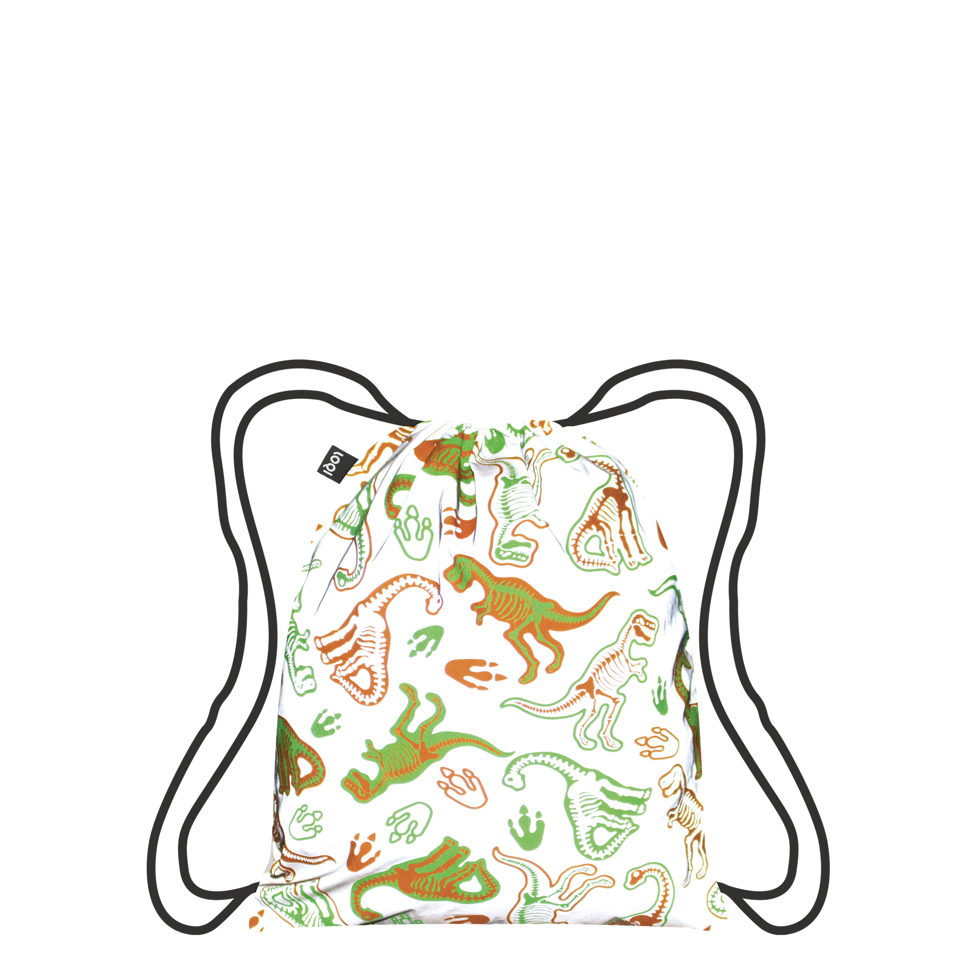 Plecak worek z motywem dinozaurów nerka odblaskowa skeleton biały z zielono-brązowymi wzorami