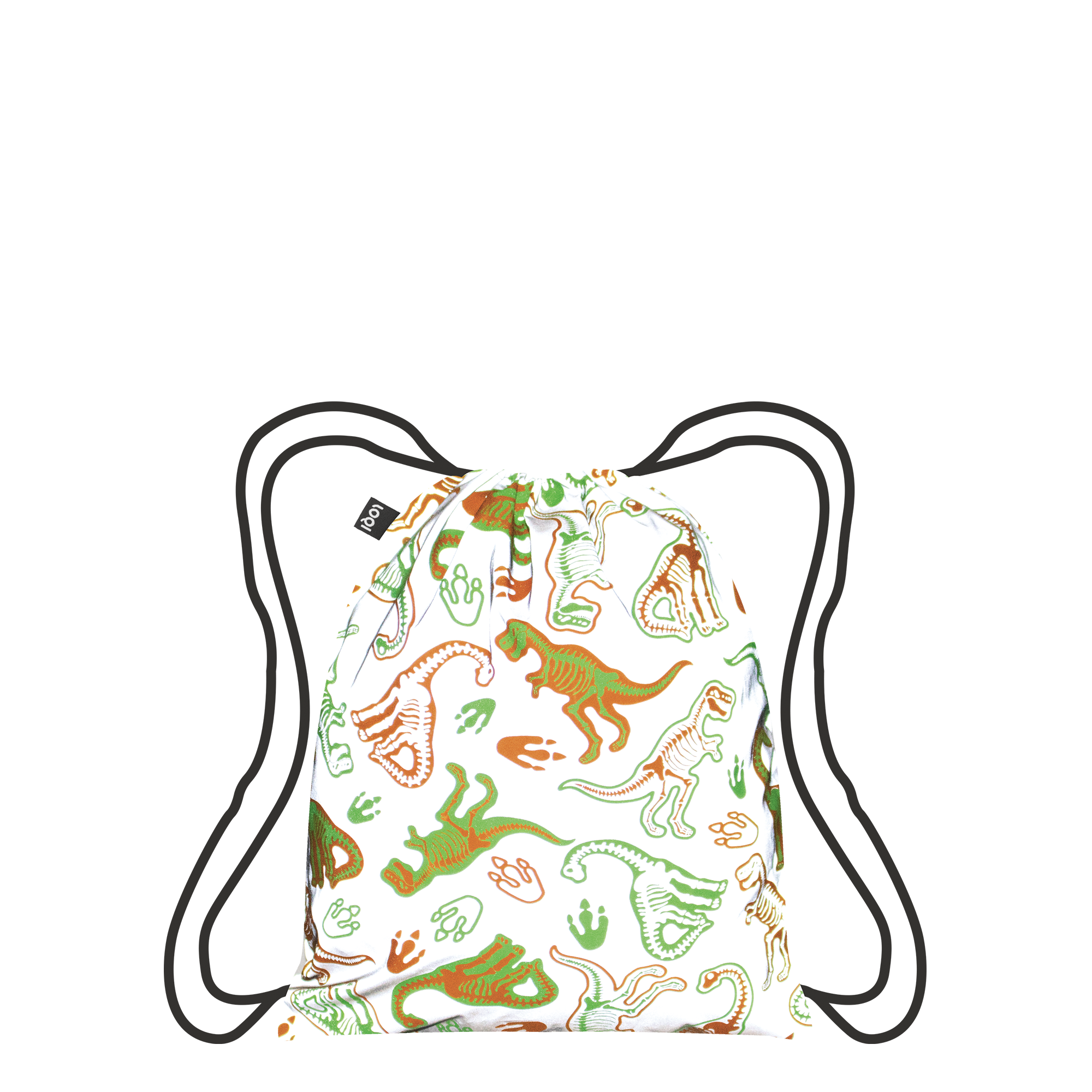 Plecak worek z motywem dinozaurów nerka odblaskowa skeleton biały z zielono-brązowymi wzorami