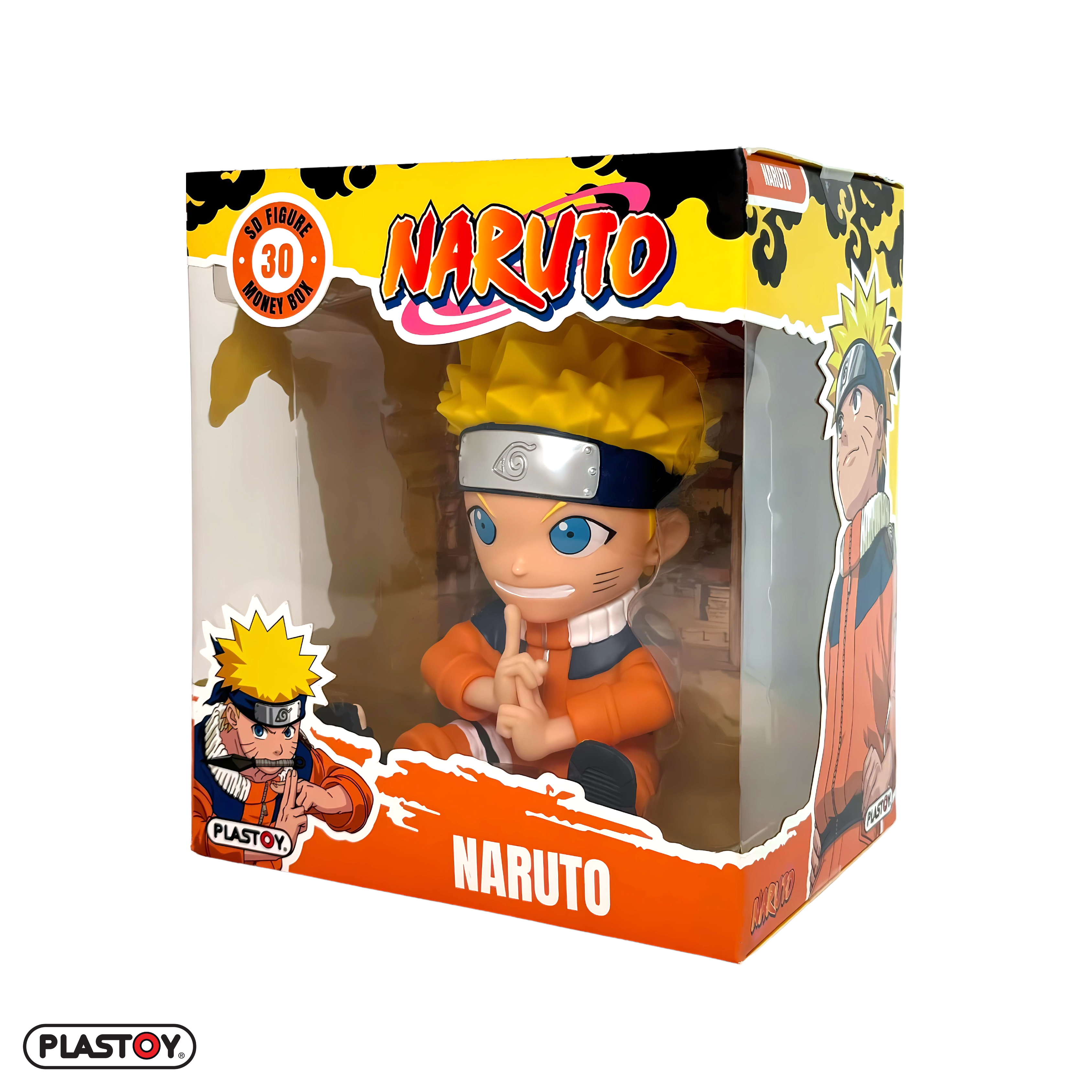 Plastoy skarbonka Naruto w formie figurki z czerwono-żółtym opakowaniem i postacią anime