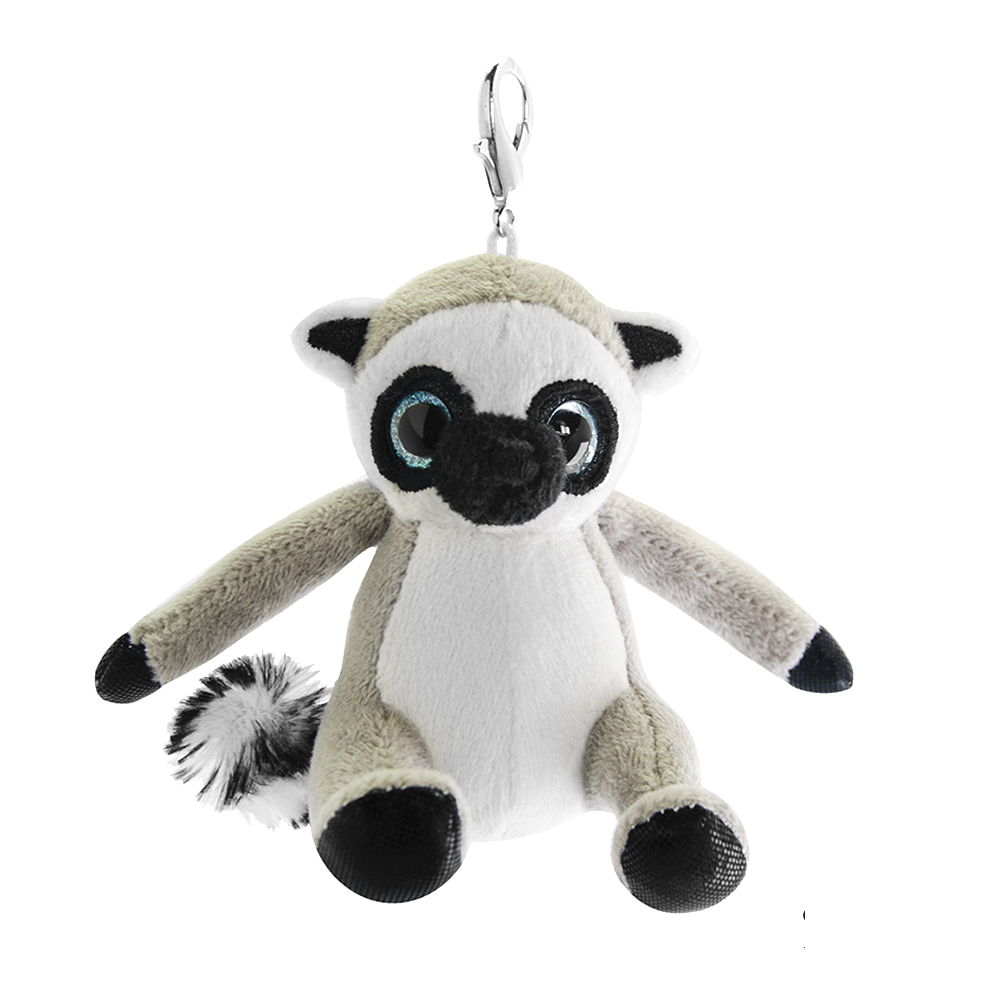 Pluszowy brelok lemur w szaro-białych kolorach z dużymi oczami i metalowym zaczepem