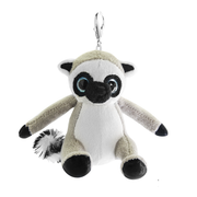 Pluszowy brelok lemur w szaro-białych kolorach z dużymi oczami i metalowym zaczepem