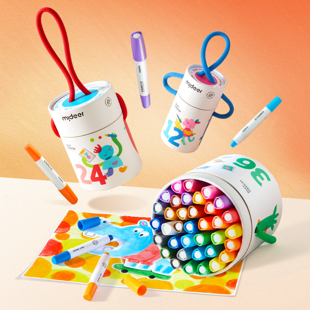 kredki silky crayons 36 kolorów w cylindrycznym opakowaniu z rysunkami i kolorowym obrazkiem