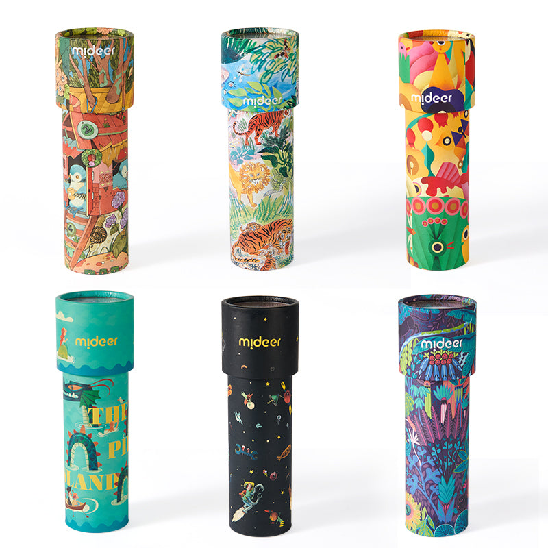 Zestaw kolorowych kalejdoskopów dla dzieci z różnymi wzorami i motywami od Yamann