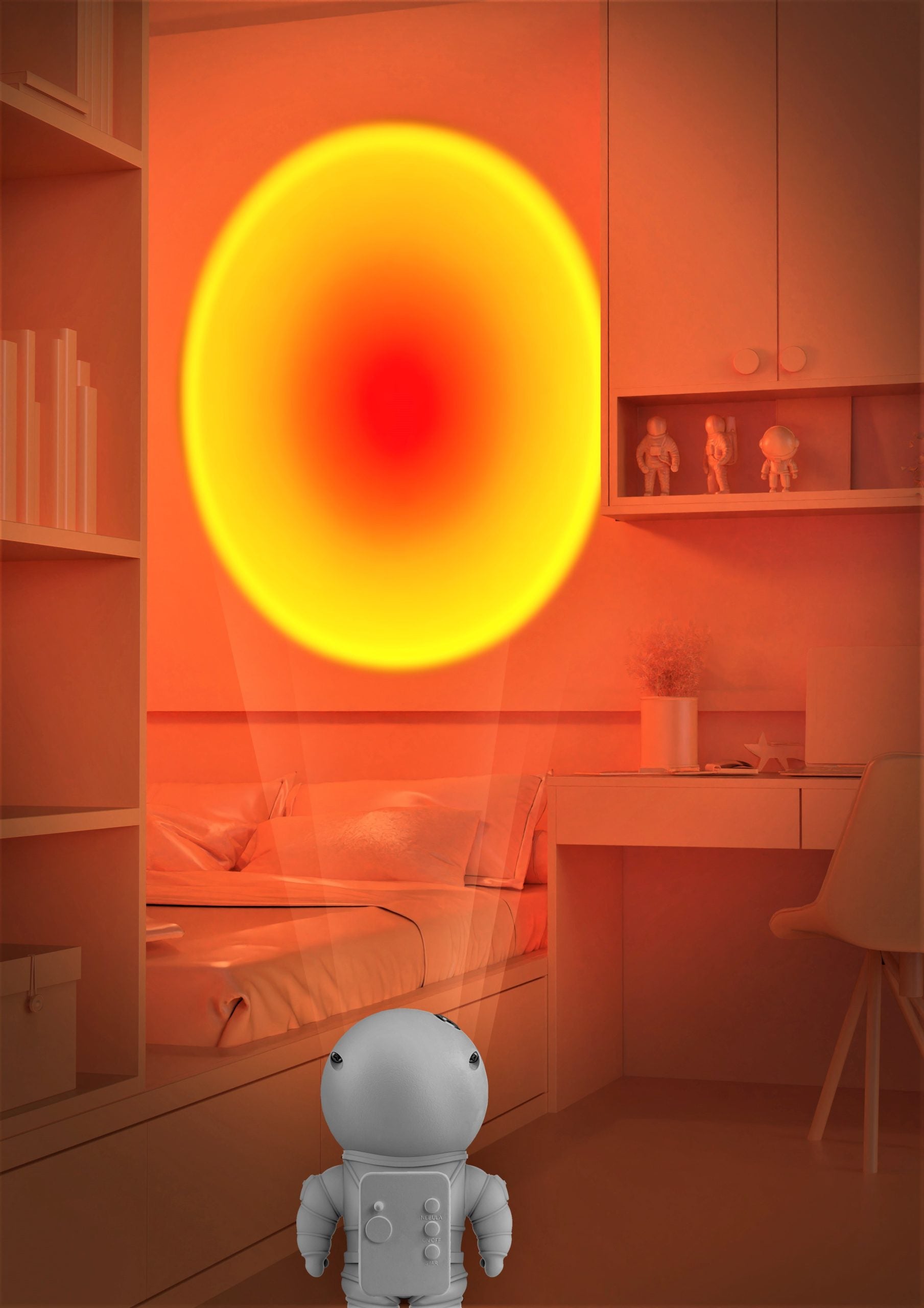 Lampka projekcyjna astronauta rzutująca ciepłe, okrągłe światło w pokoju dziecięcym