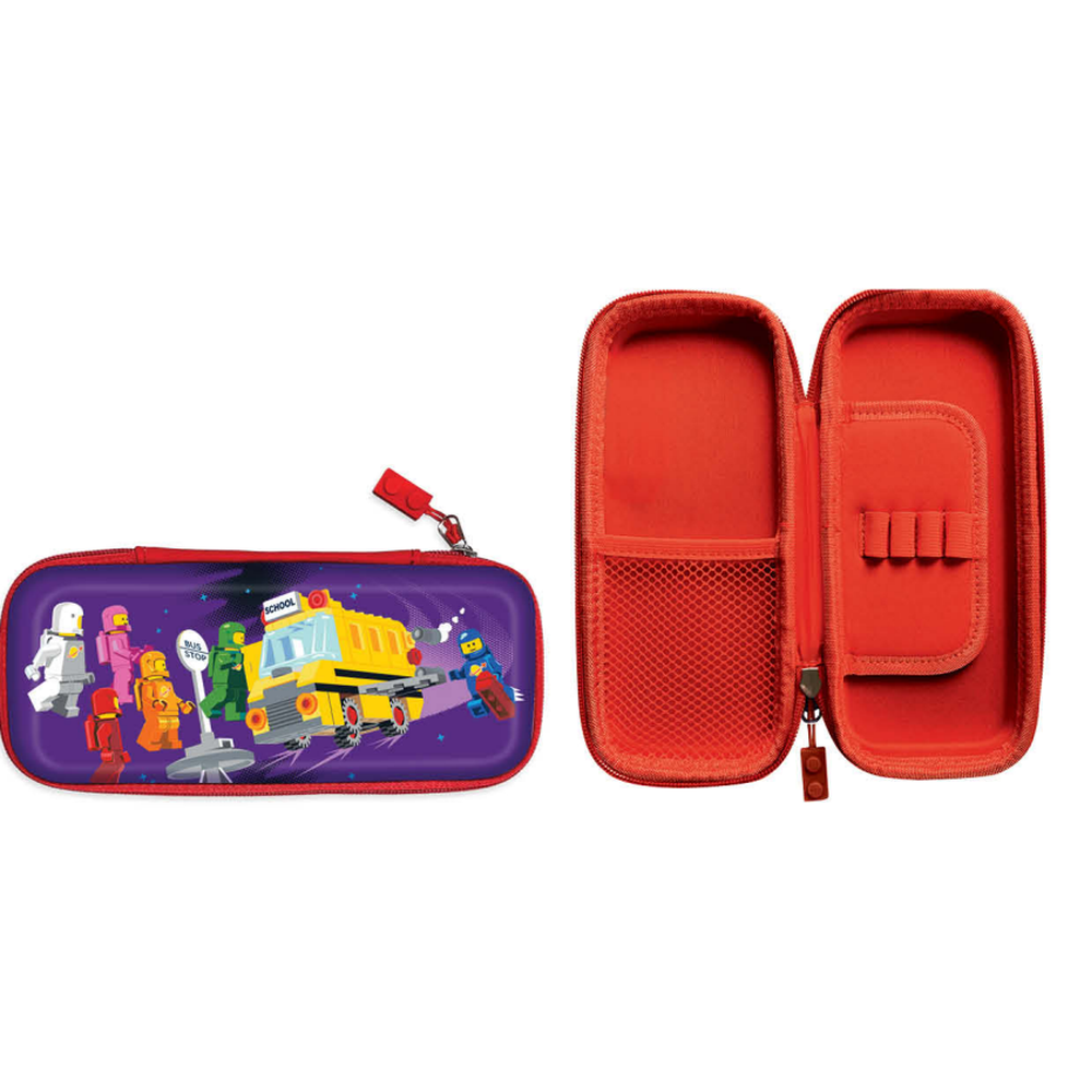 Piórnik LEGO Kosmos w kolorach czerwonym i fioletowym z motywem kosmicznym i zamkiem błyskawicznym