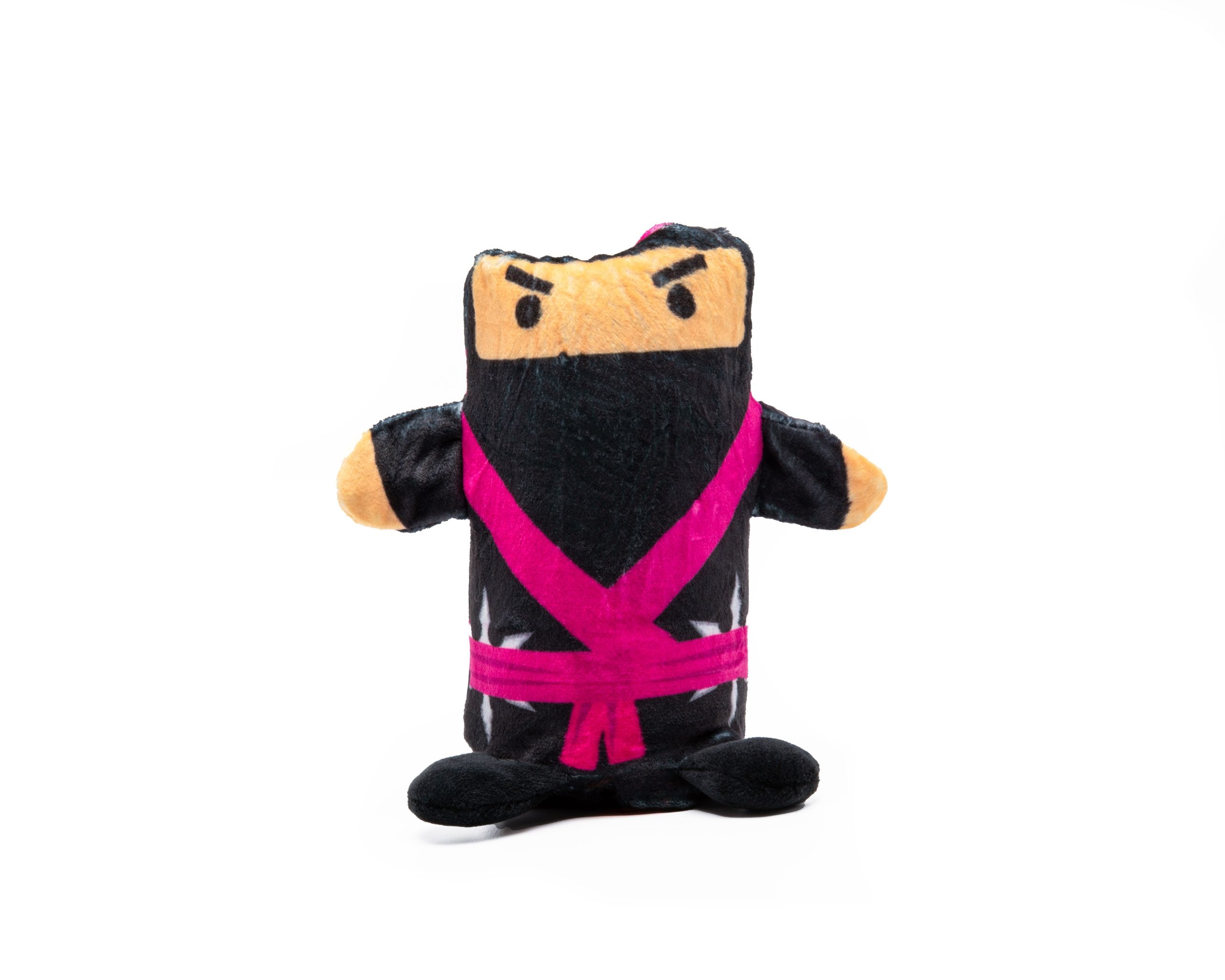 Czarny pluszak ninja dla dzieci z różowym pasem i groźnym wyrazem twarzy