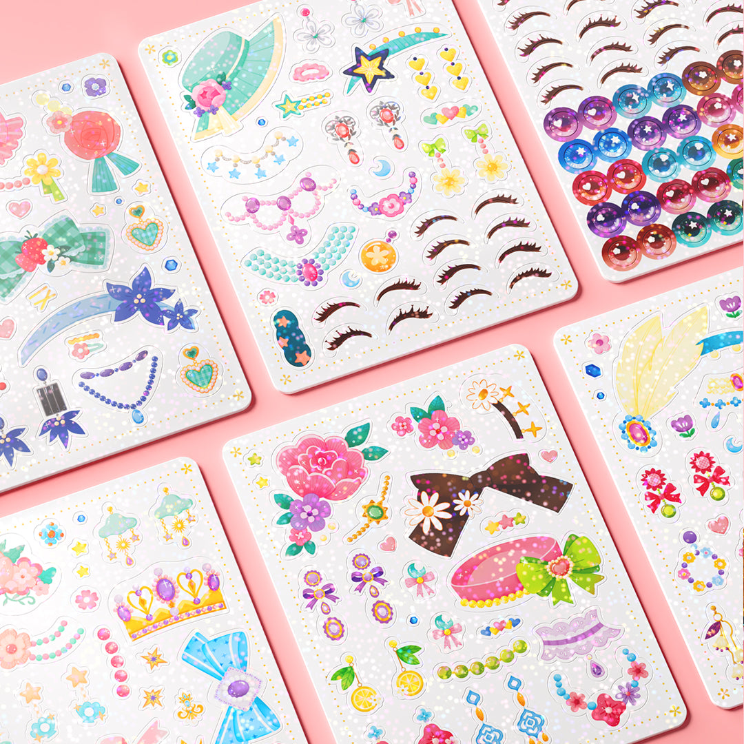 Zestaw przebierankowy dla dziewczynek z naklejkami biżuterii, akcesoriów i ozdób na różowym tle