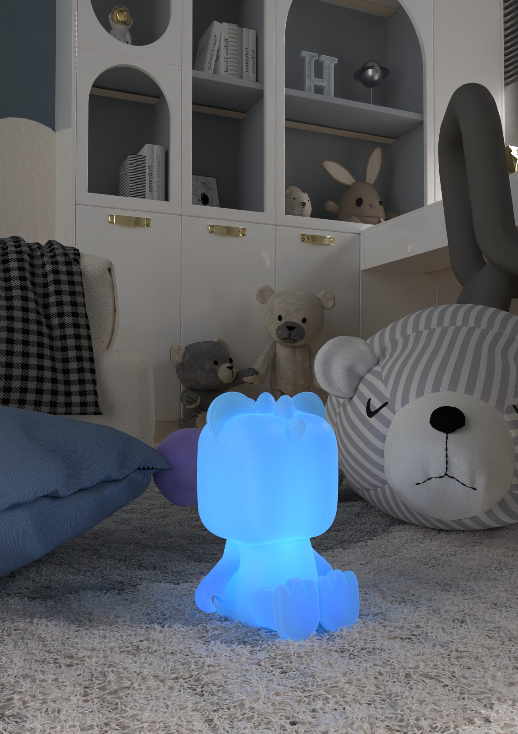 Niebieska lampka nocna dinozaur świecąca na dywanie w pokoju dziecięcym z pluszowymi zabawkami