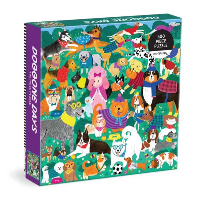 Puzzle dla dorosłych 500 elementów Galison z kolorowymi ilustracjami psów na zielonym tle
