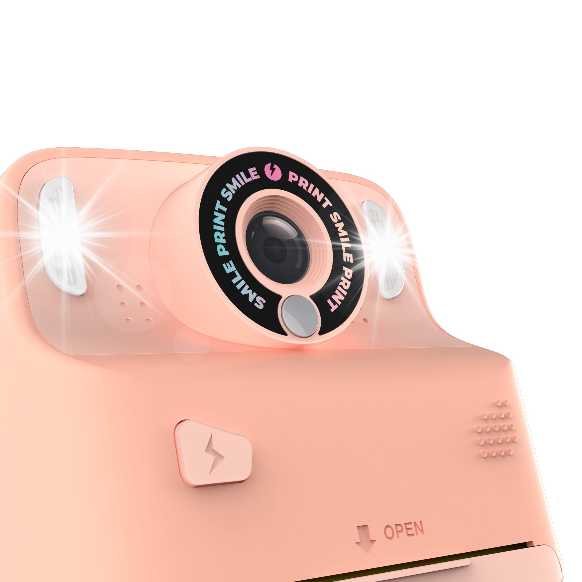 Różowy aparat cyfrowy z drukarką marki Yamann z wbudowanym fleszem i przyciskiem otwierania