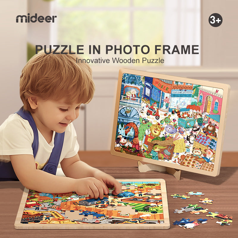 Drewniane puzzle farma dla dzieci marki Yamann z obrazkiem farmy i dzieckiem układającym puzzle