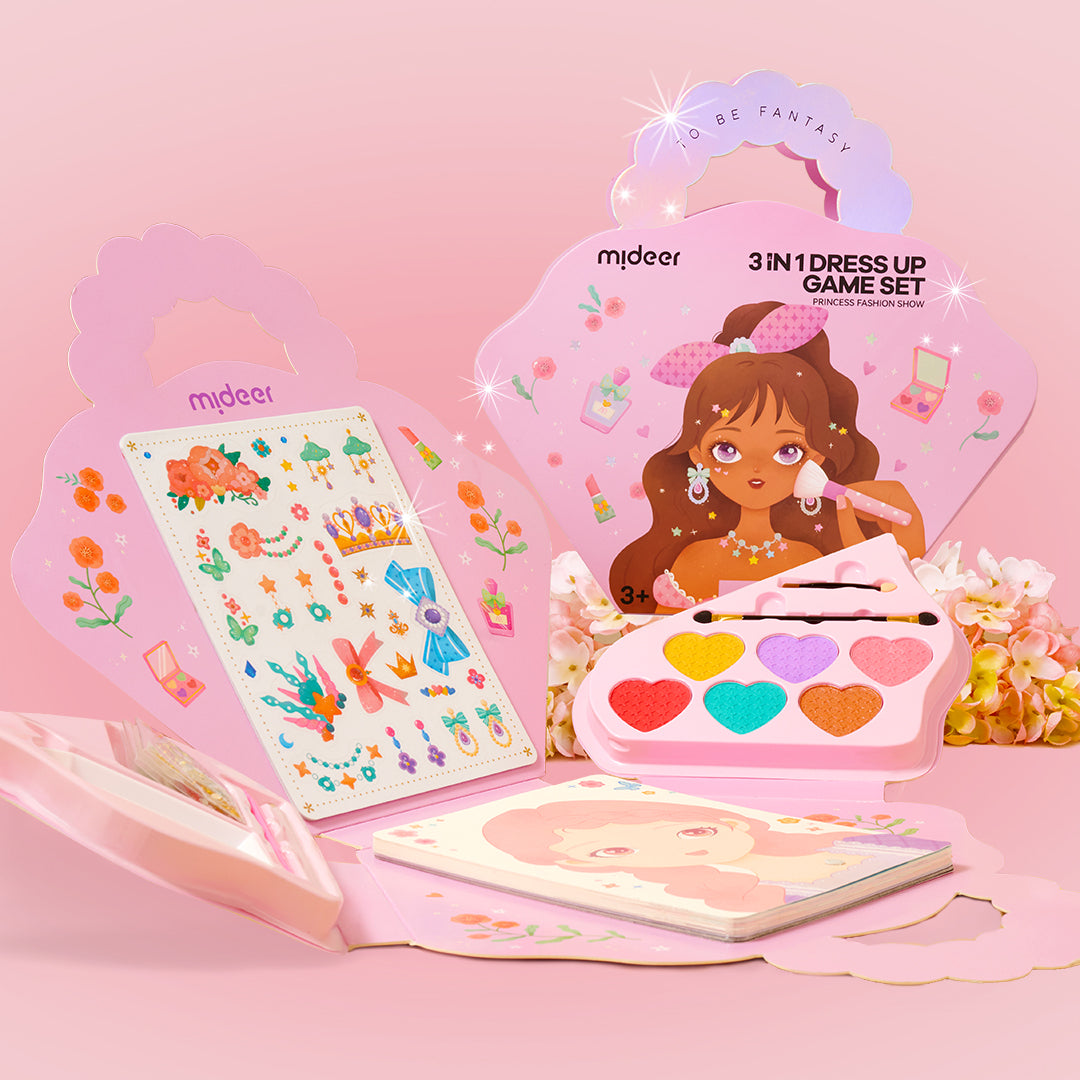 zestaw przebierankowy dla dziewczynek 3 w 1 z paletą kolorowych cieni do powiek i naklejkami
