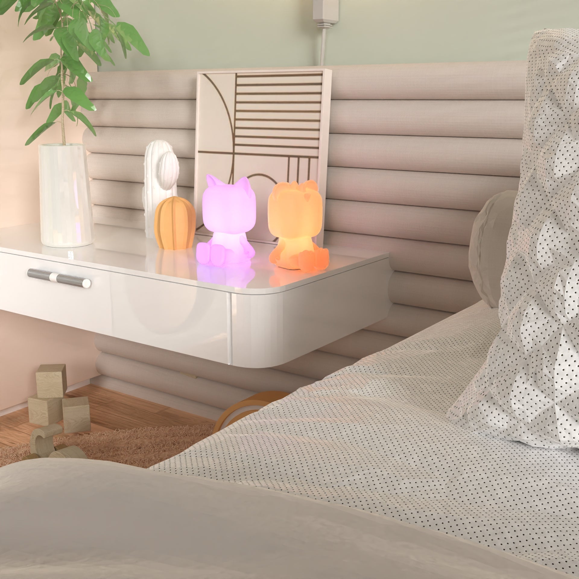 Lampka nocna dinozaur w kształcie kolorowego oświetlenia na białej szafce nocnej przy łóżku