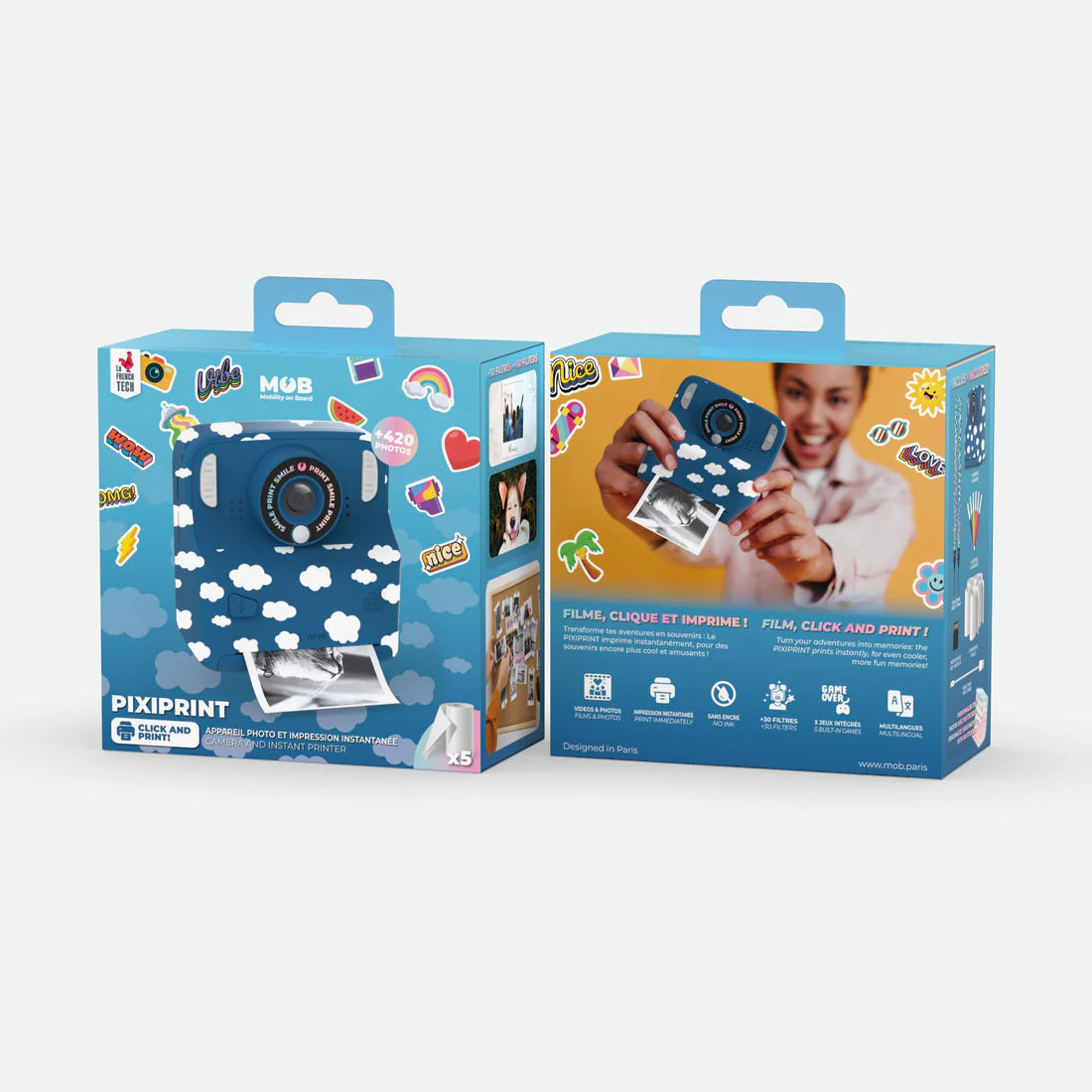 Aparat cyfrowy z drukarką Yamann w niebieskim kolorze z wzorem chmurek i natychmiastowym drukiem zdjęć