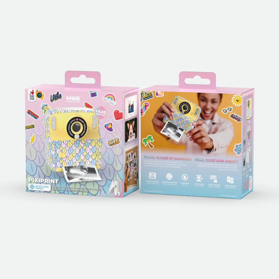 Aparat cyfrowy z drukarką dla dzieci Yamann w kolorze żółtym z kolorowymi wzorami na opakowaniu