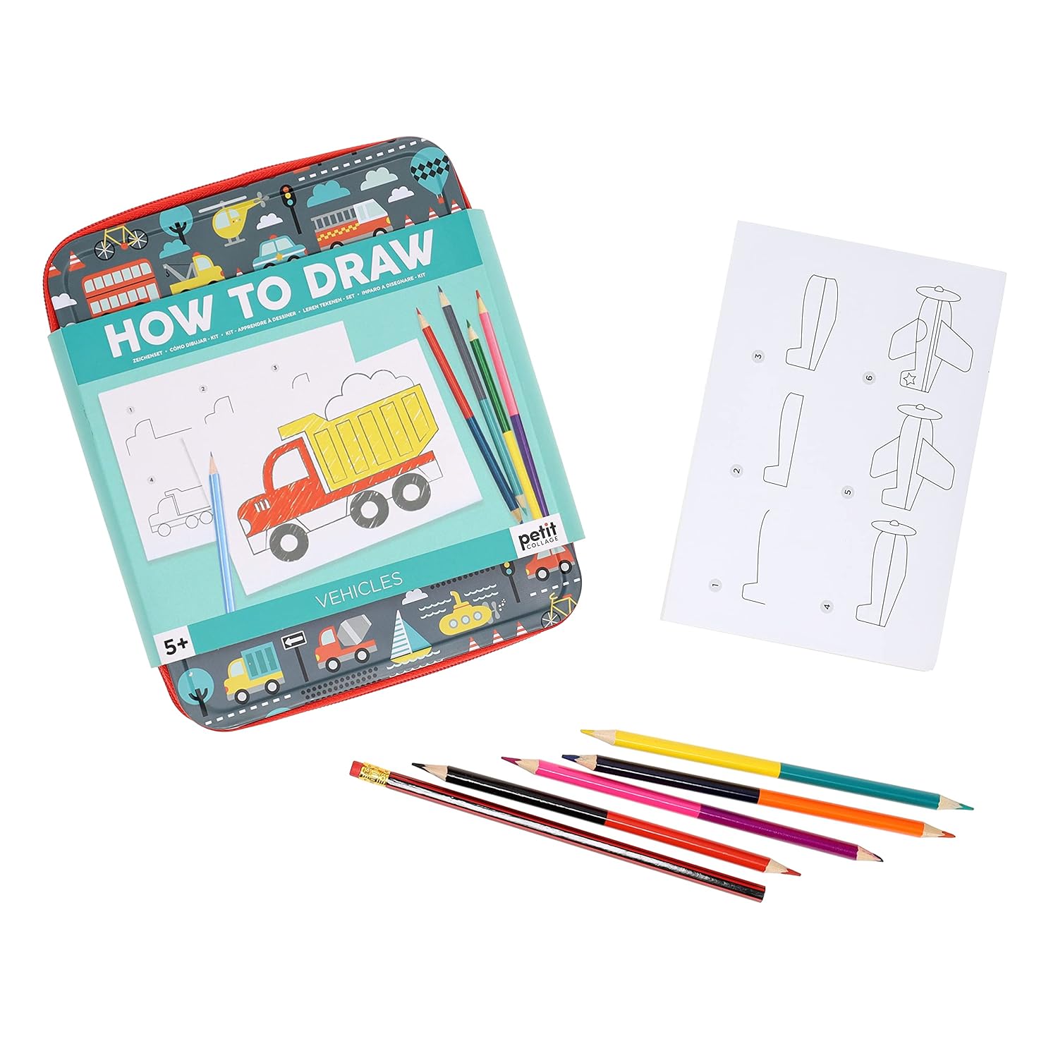 Zestaw do nauki jak rysować pojazdy dla dzieci z kredkami i instrukcją krok po kroku