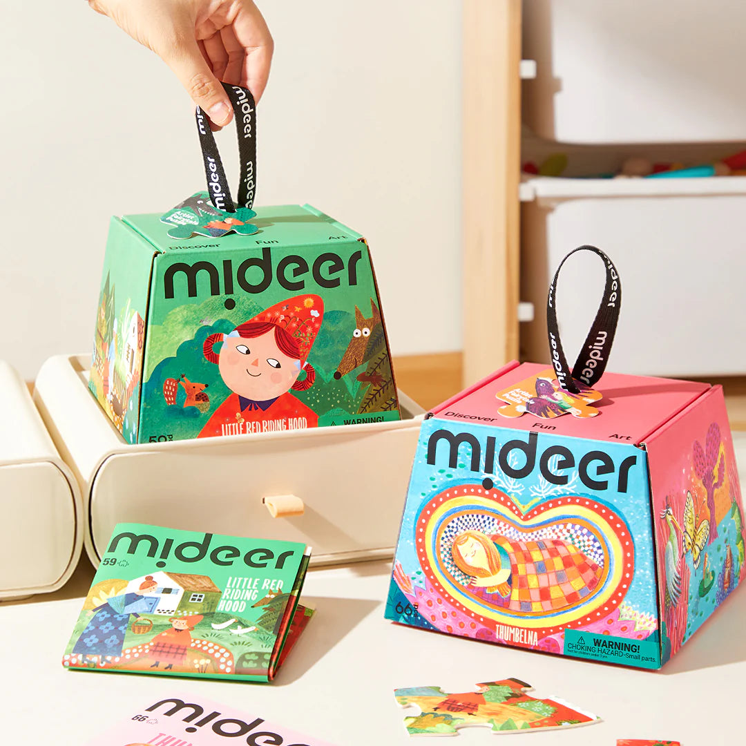 Kolorowe puzzle artystyczne dla dzieci marki mideer z pudełkami i elementami układanki na białym tle