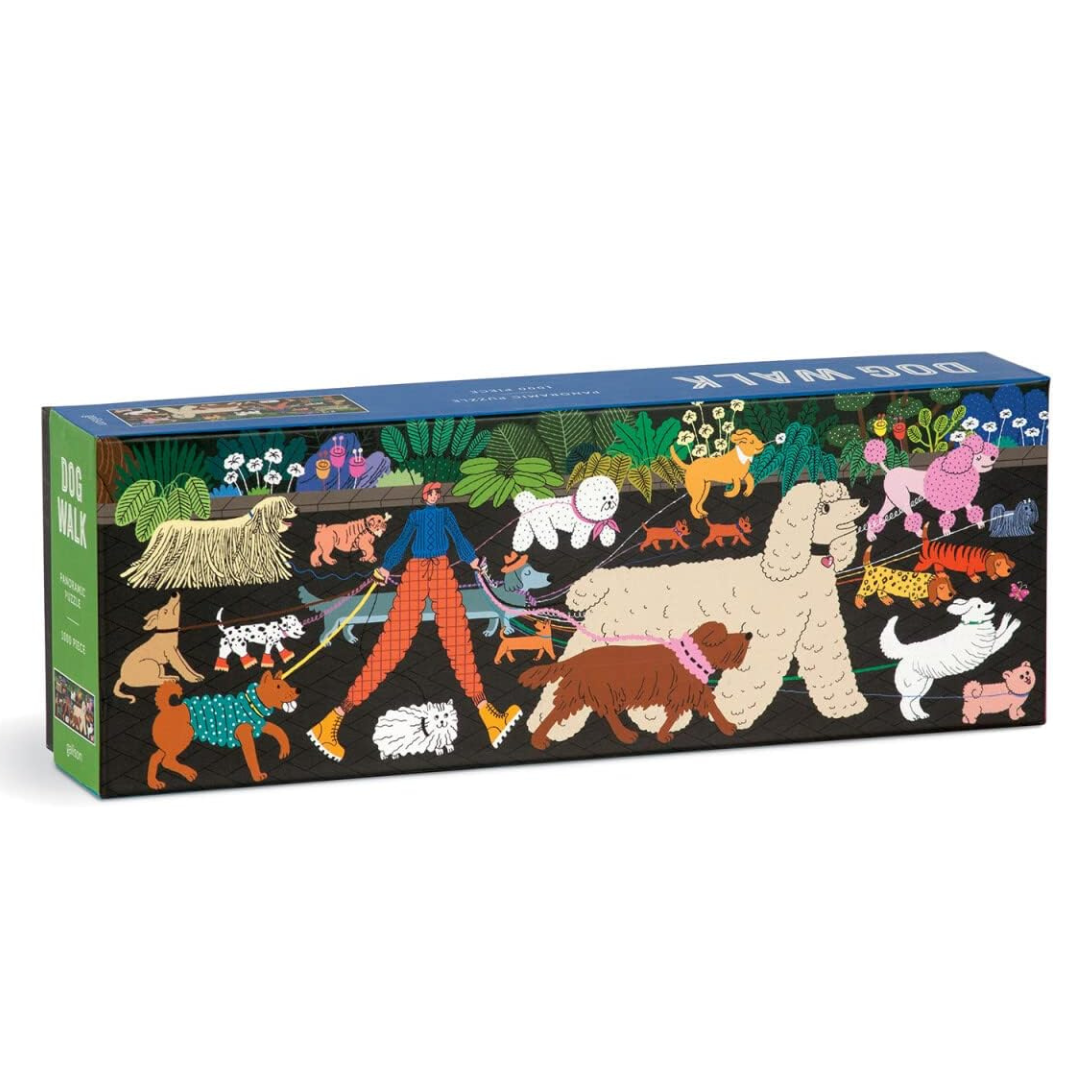 Puzzle z psami 1000 elementów Galison kolorowe psy na zielonym tle w pudełku