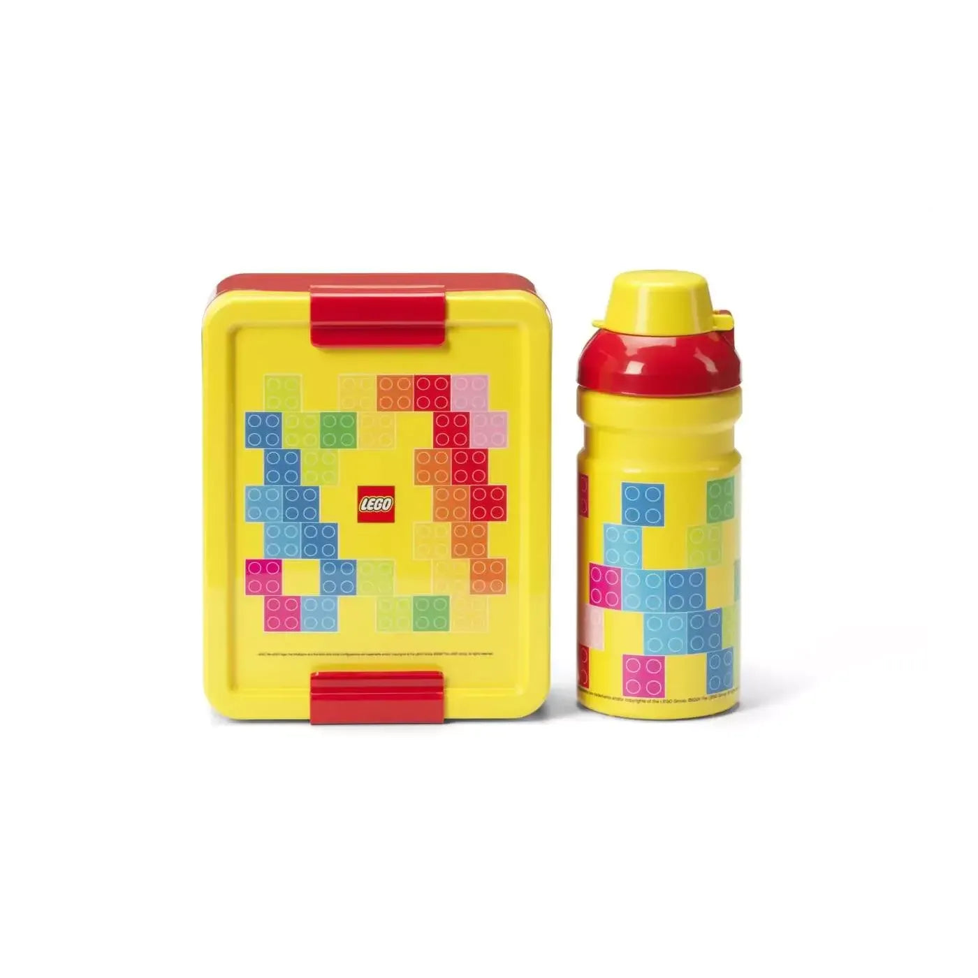 Żółty lunchbox LEGO Classic dla dzieci z kolorowymi klockami i dopasowaną butelką na napój