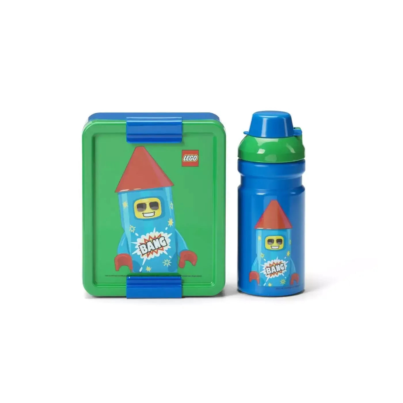 Lunchbox LEGO Człowiek Petarda z motywem rakiety i dopasowaną niebiesko-zieloną butelką