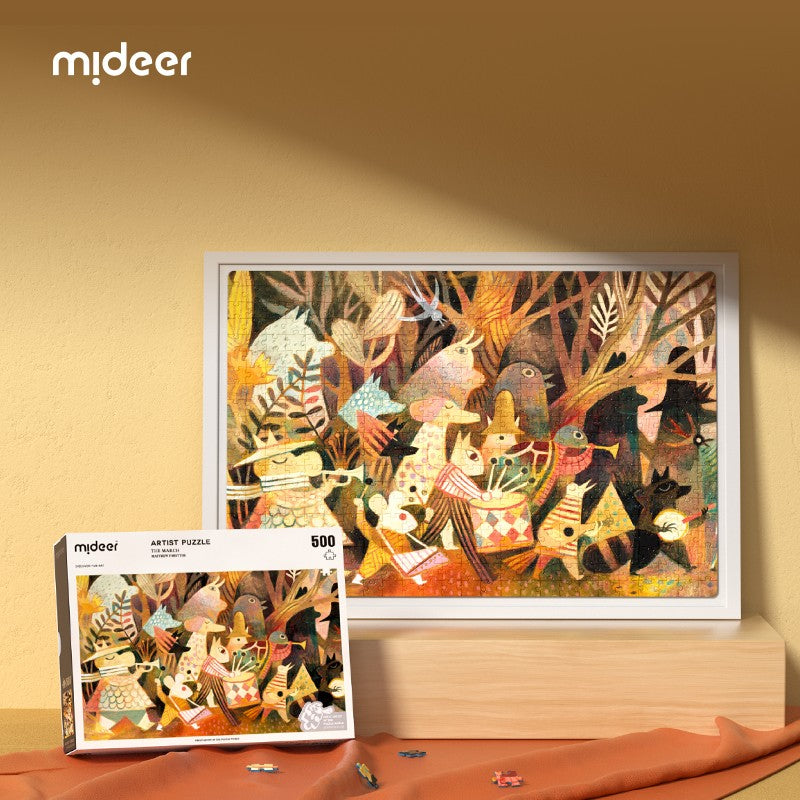 Puzzle artystyczne 500 elementów marki mideer przedstawiające kolorową ilustrację zwierząt i postaci w lesie