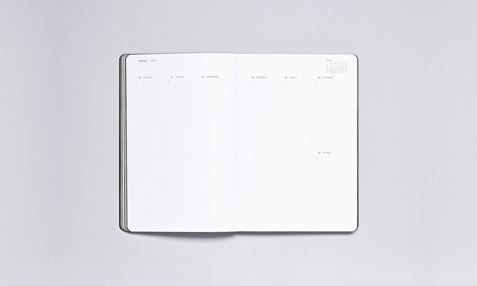 Otwarty kalendarz tygodniowy 2025 z minimalistycznym układem dat i miejscem na notatki