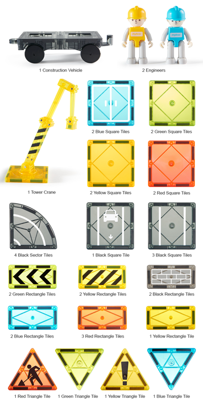 Zestaw klocków magnetycznych dla dzieci z figurkami inżynierów i różnokolorowymi płytkami kwadratowymi i trójkątnymi