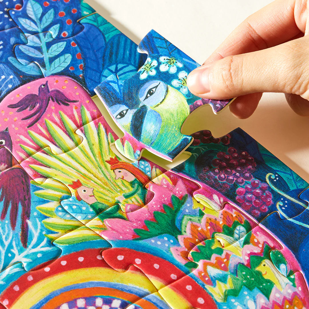 Puzzle artystyczne Calineczka od mideer z kolorowymi ilustracjami ptaków i kwiatów