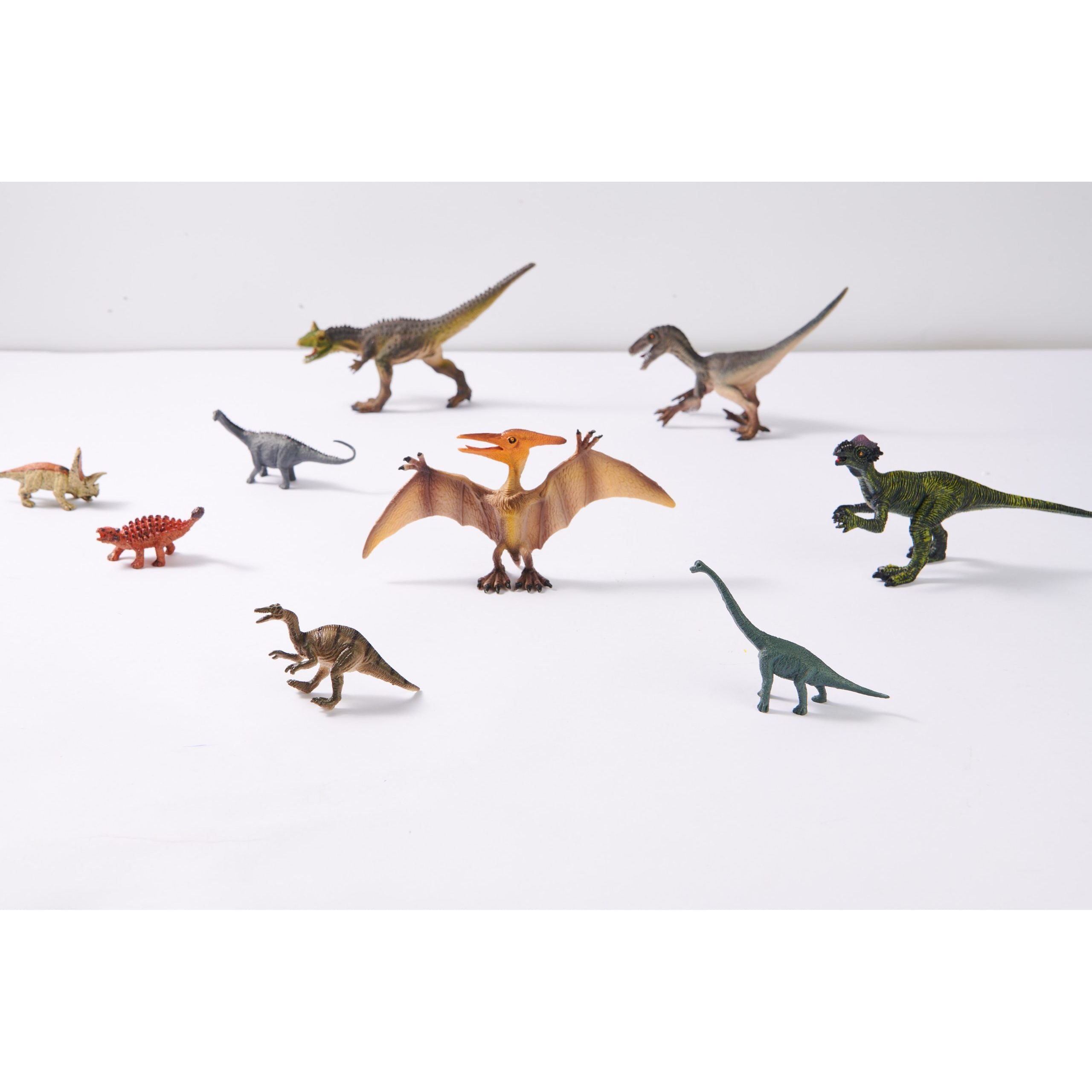 Zestaw figurek dinozaurów dla dzieci w różnych kolorach i pozach na białym tle