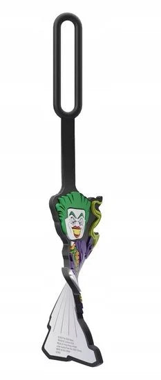 Czarna zawieszka do plecaka LEGO Joker z kolorową postacią Jokera i paskiem do przypięcia