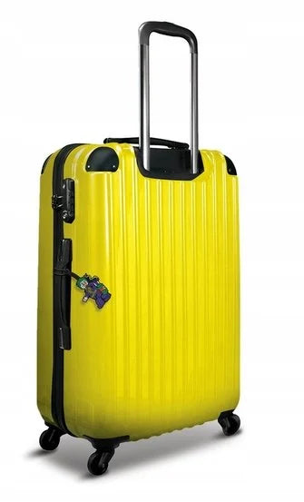 Żółta walizka z kółkami z zawieszką do plecaka LEGO Joker przy uchwycie