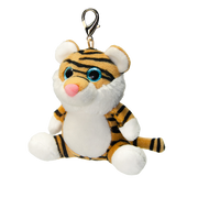 Mały pluszowy brelok tygrys z błyszczącymi niebieskimi oczami i metalowym karabińczykiem