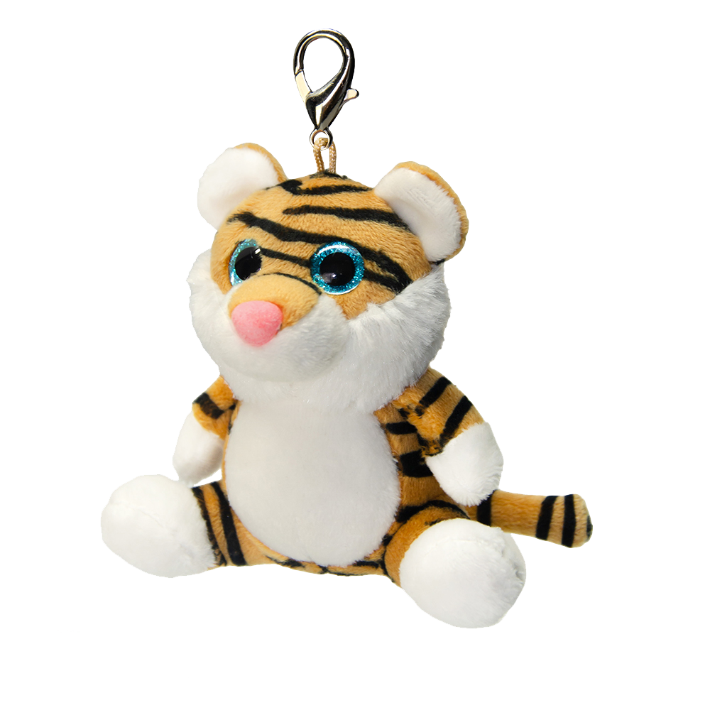 Mały pluszowy brelok tygrys z błyszczącymi niebieskimi oczami i metalowym karabińczykiem