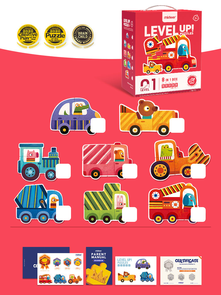 Puzzle dla dzieci pojazdy Yamann z 8 kolorowymi klockami różnych samochodzików i ciężarówek