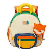 Mały plecak dla dzieci lisek marki mideer w kolorach zielonym, pomarańczowym i żółtym z akcesoriami