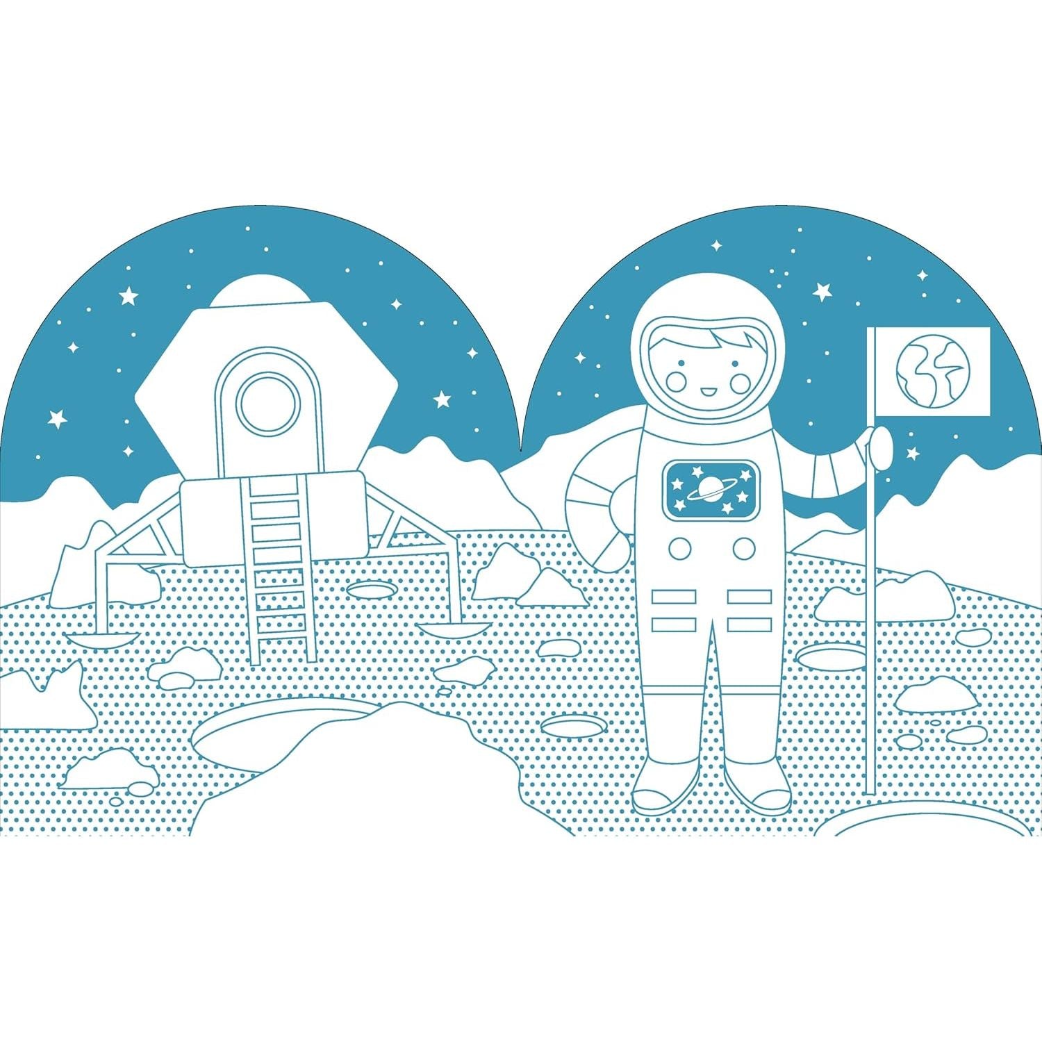 Kolorowanka kosmos dla dzieci z astronautą, flagą i pojazdem kosmicznym na powierzchni księżyca