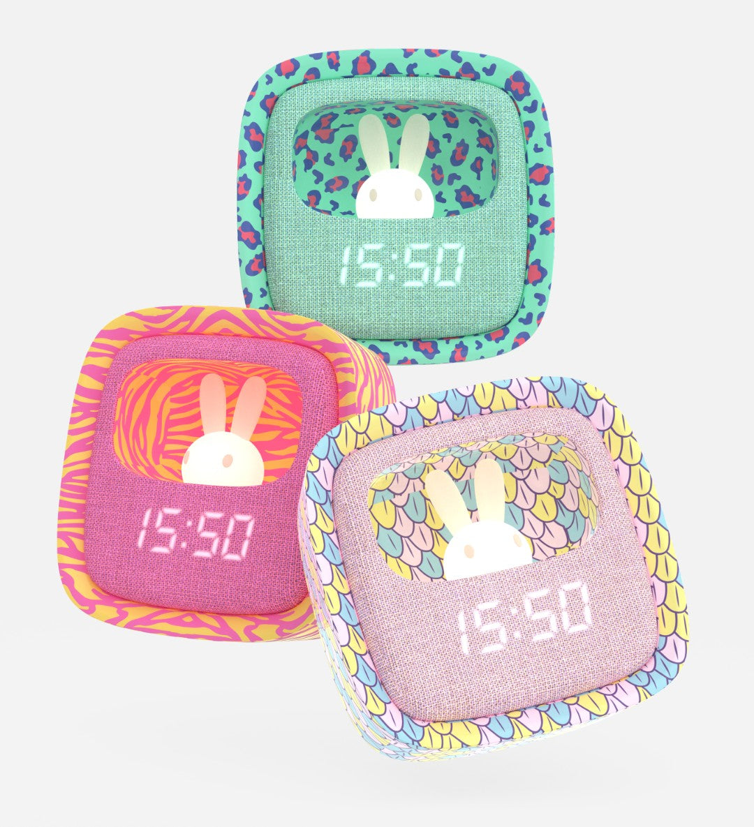 Kolorowe budziki dla dzieci z lampką w kształcie królika wyświetlające godzinę 15 50