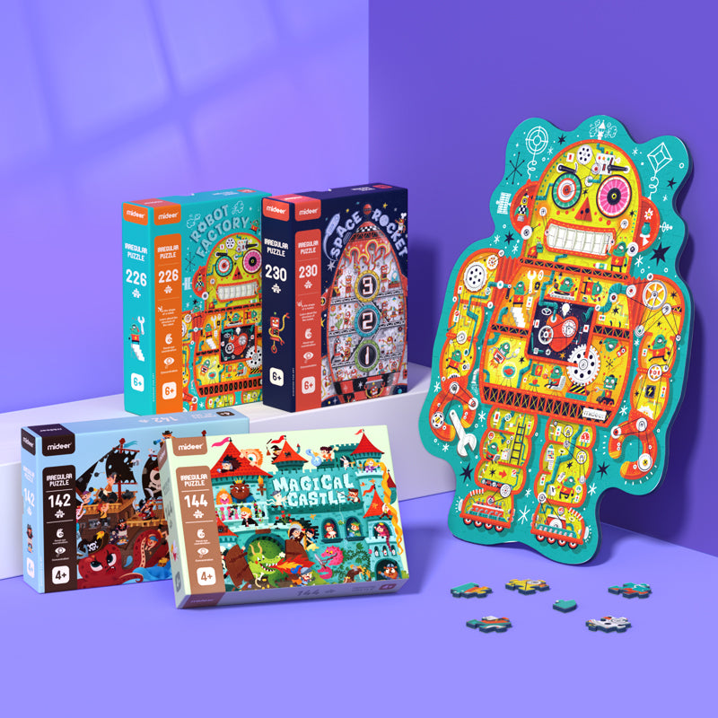 Nieregularne puzzle dla dzieci od Mideer w kształcie kolorowego robota z różnymi tematami i liczbą elementów